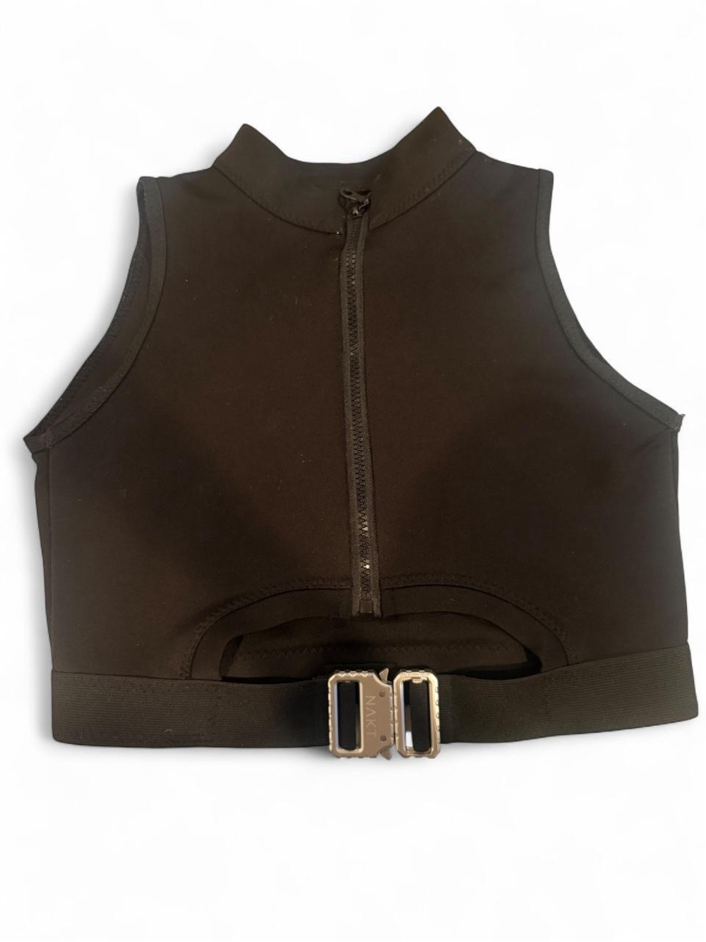 Black Sleeveless Crop Top with Front Zip and Buckle Detail
